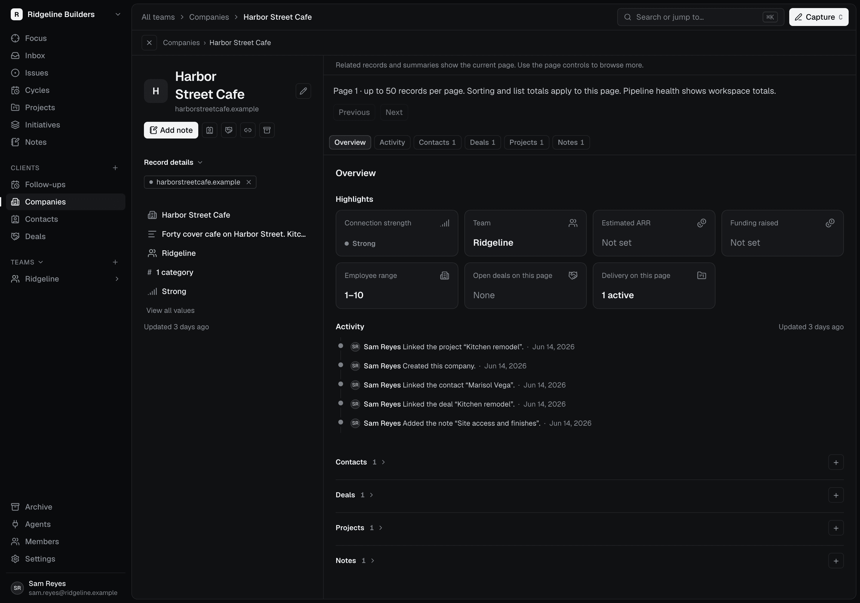 A customer page in Scoped for Harbor Street Cafe: the contact, the won deal, the linked job and the notes, with the full activity history beneath.